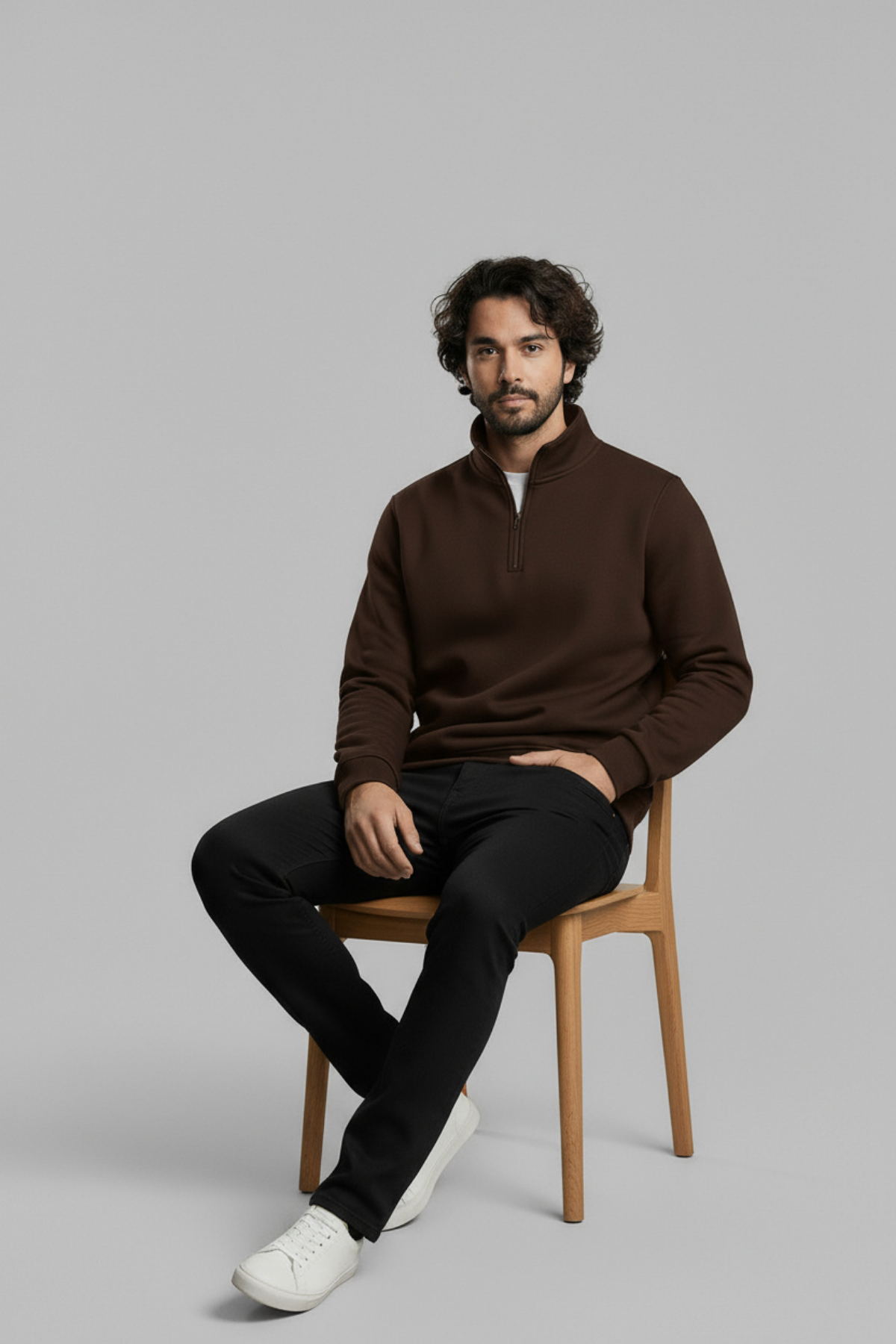 3 İplik Şardonlu Regular Kalıp Yarım Fermuarlı Sweatshirt