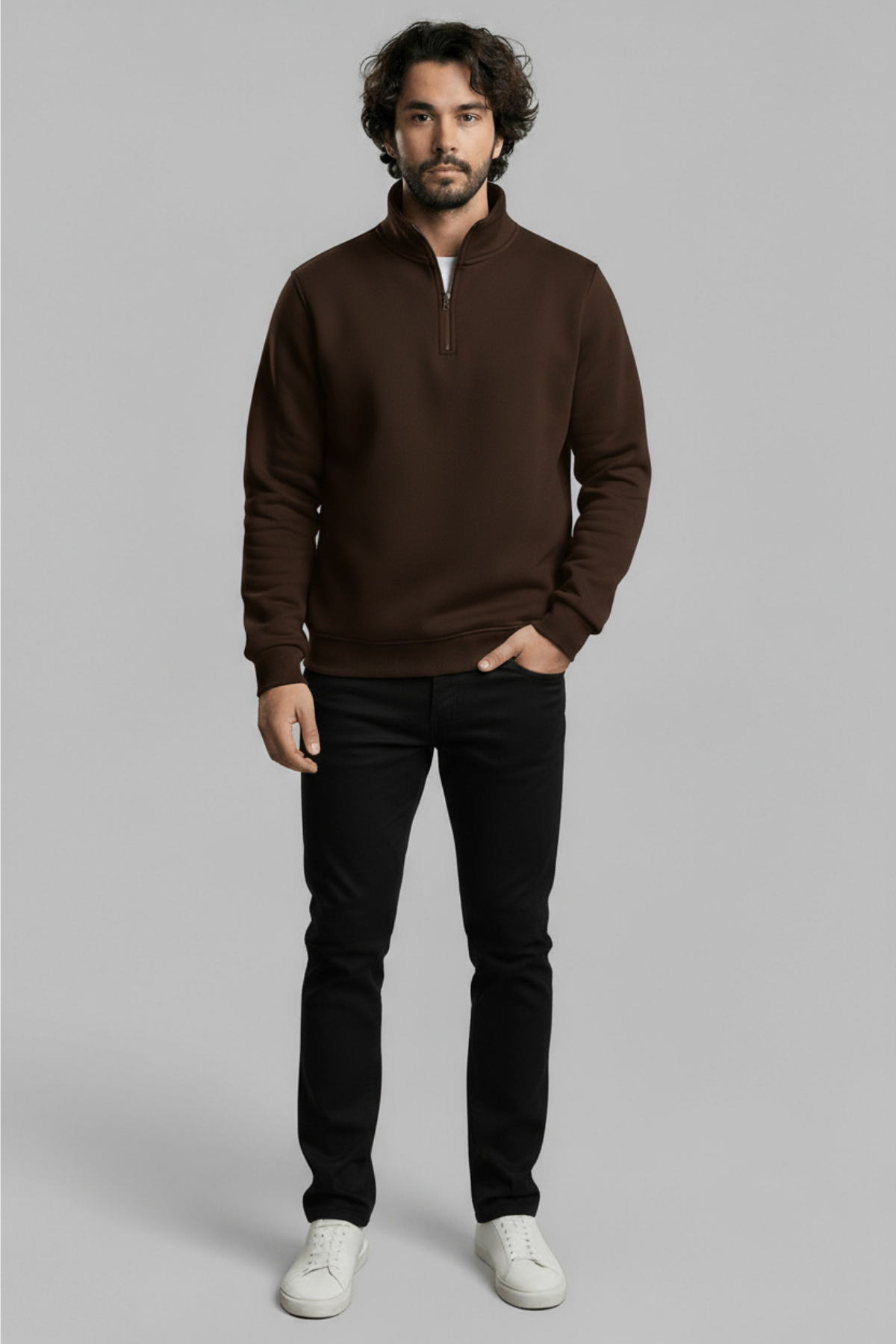 3 İplik Şardonlu Regular Kalıp Yarım Fermuarlı Sweatshirt