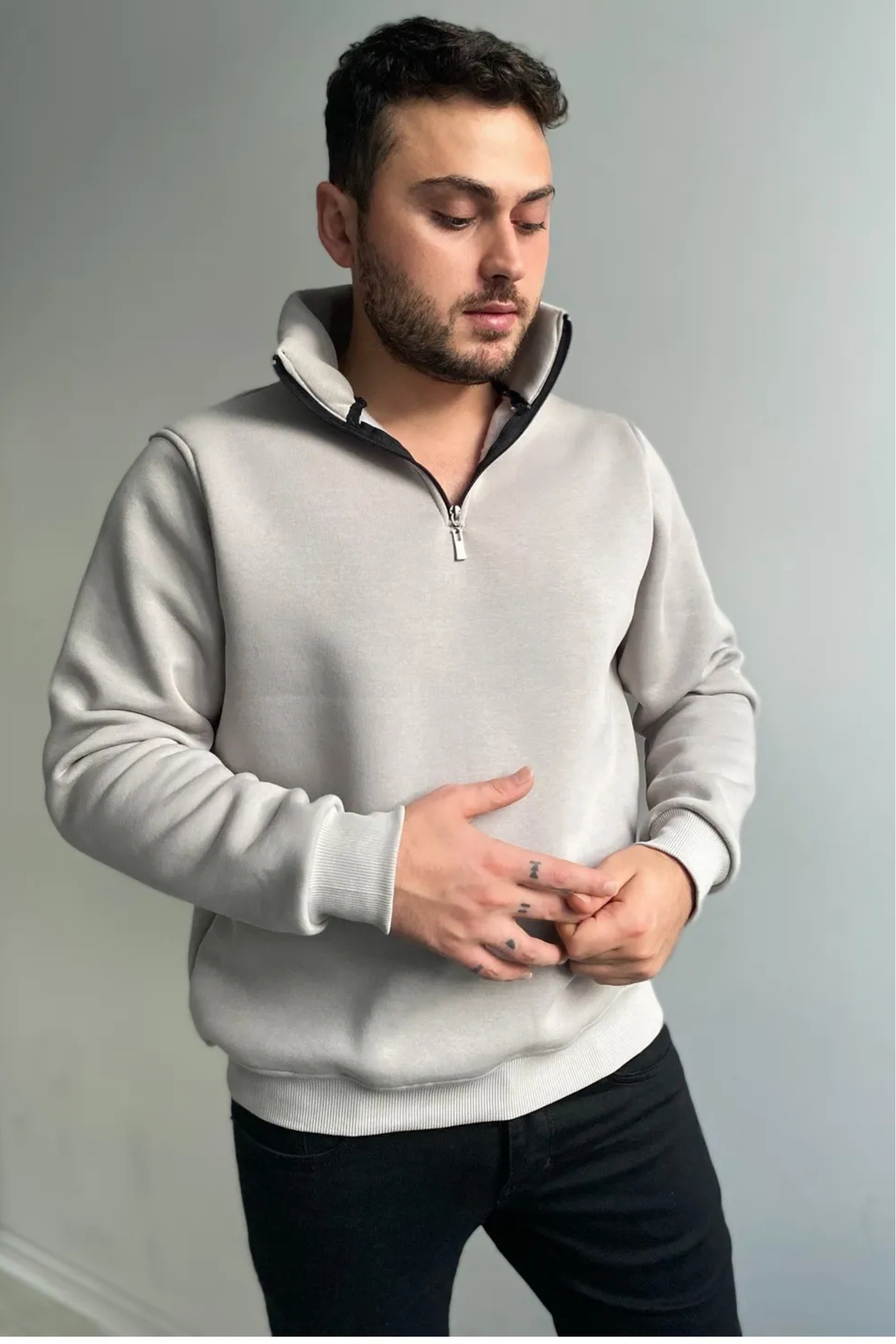 3 İplik Şardonlu Regular Kalıp Yarım Fermuarlı Sweatshirt