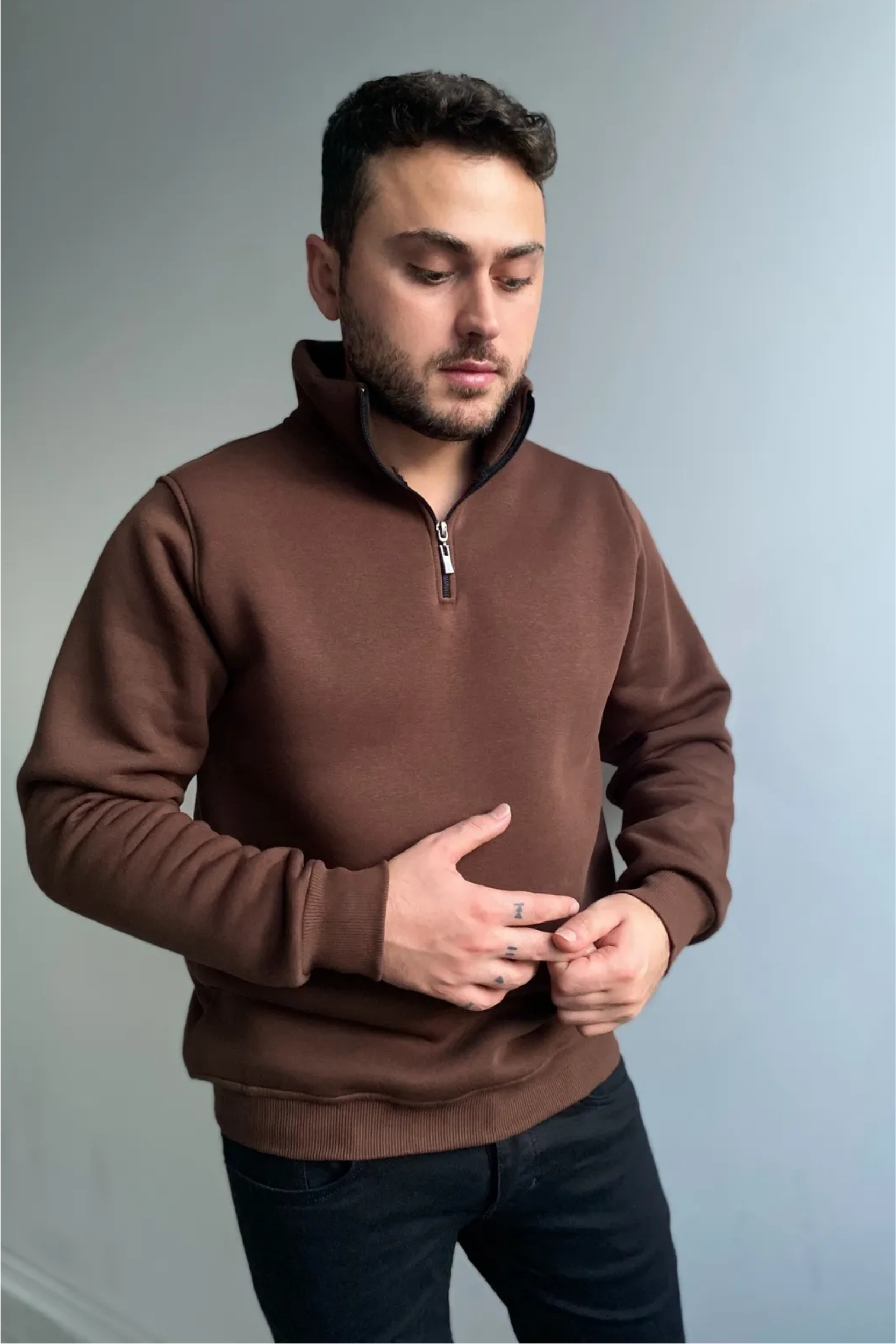 3 İplik Şardonlu Regular Kalıp Yarım Fermuarlı Sweatshirt