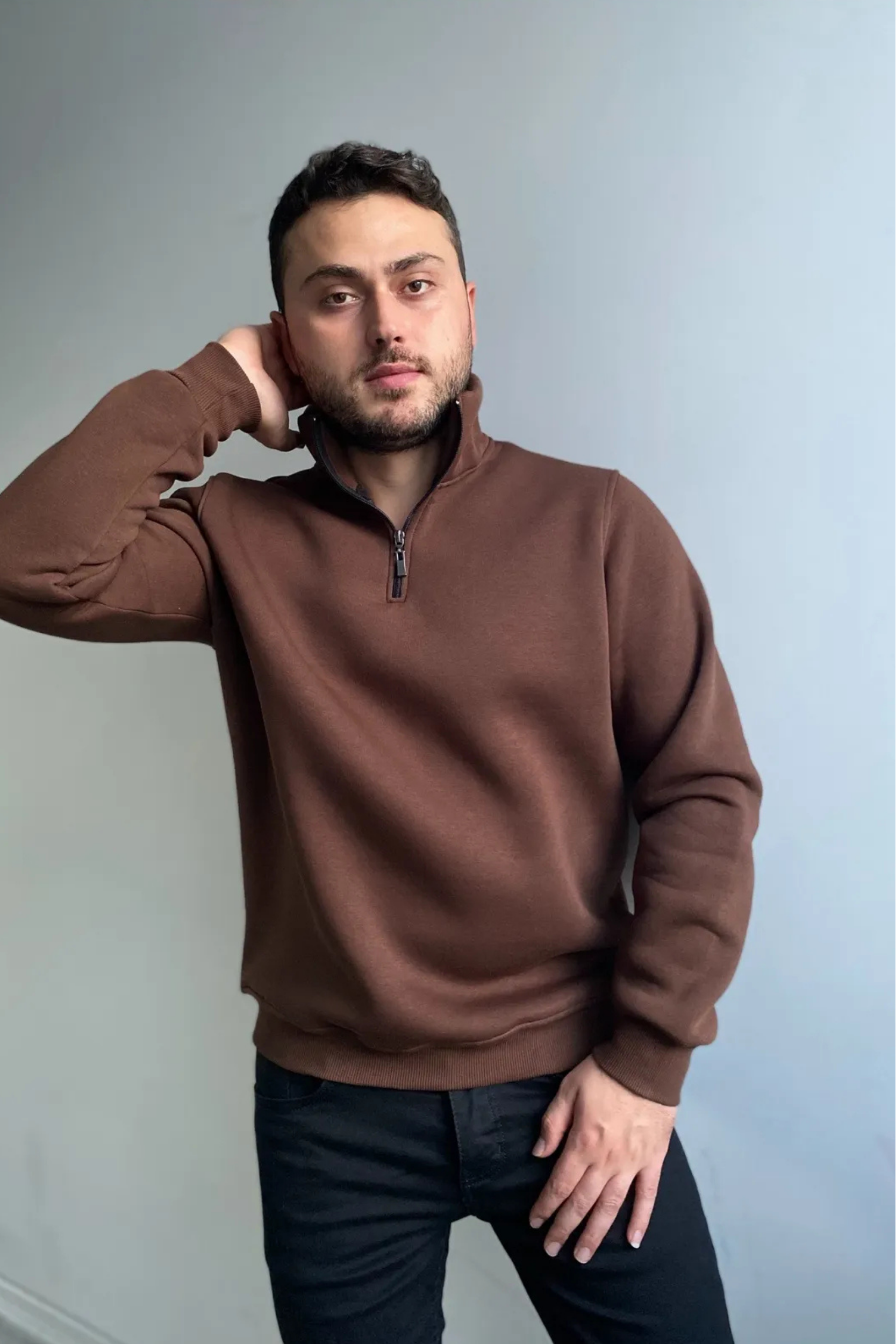 3 İplik Şardonlu Regular Kalıp Yarım Fermuarlı Sweatshirt